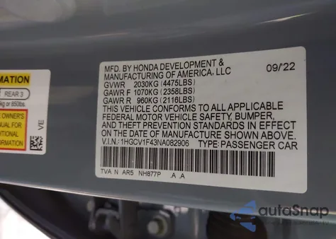 2022 Honda Accord Sport Se from USA, damaged, VIN 1HGCV1F43NA082906